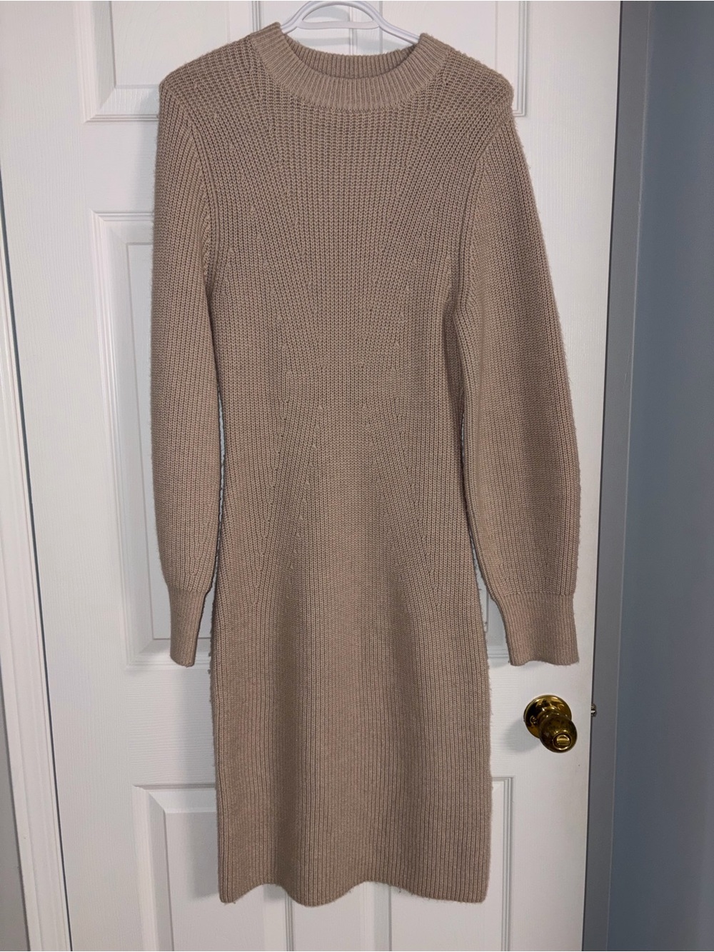 Casual Knit Long-Sleeve Sweater Dress - Beige, Size S